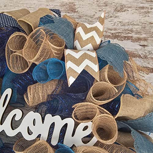 Front Door Welcome Wreaths - Mothers Day Gift - Burlap Everyday Year Round Outdoor Decor - Black Jute White - M5 (Welcome, Denim/Navy/Jute) #TOP1