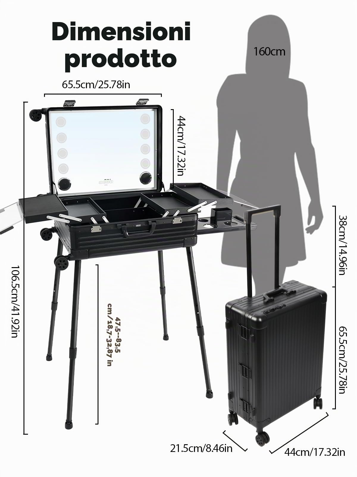 EBANKU Valigetta per Trucchi, 24in PC Valigia da Trucco Professionale Grande Beauty Case Porta Trucchi da Viaggio Telaio con LED Lighted Mirror Bluetooth, 4 Pulsanti di Visualizzazione (Nero)