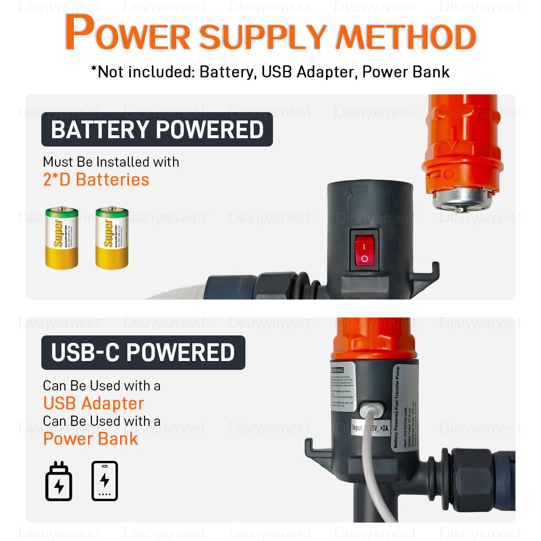 Pompa per Travaso Liquidi con Controllo Manuale del Flusso - Doppia Alimentazione USB-C/Batterie D, Portata 2.8 GPM, Pompa di Trasferimento per Gasolio e Olio, Tubo Principale 49.4 Pollici (1.25m)