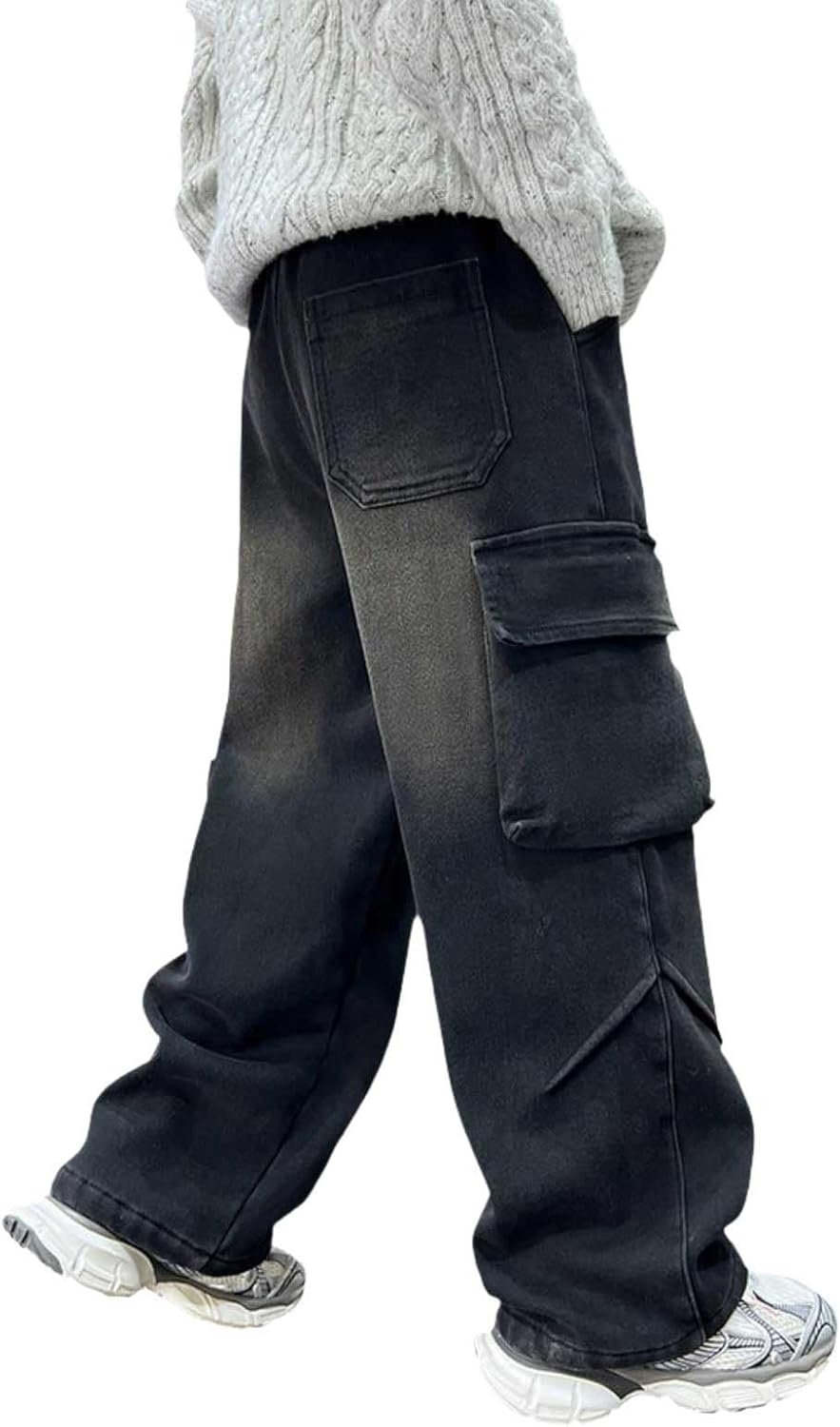 Cargo Jeans for Boys Baggy Wide Straight Leg Elastic Waist Denim Pants Teen Casual Loose Fit Streetwear Trousers
