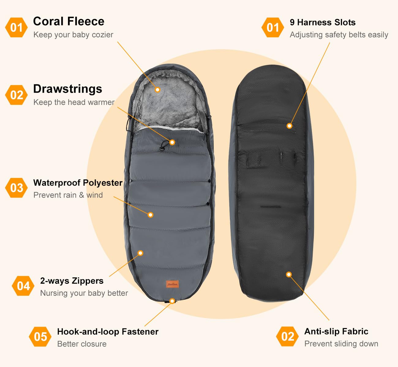 Zooawa Warm Bunting Bag Universal, Waterproof Baby Stroller Sleeping Bag for Cold Weather, Stroller Toddler Footmuff, Extra Thick, Fits 6-36 Months Baby, Gray