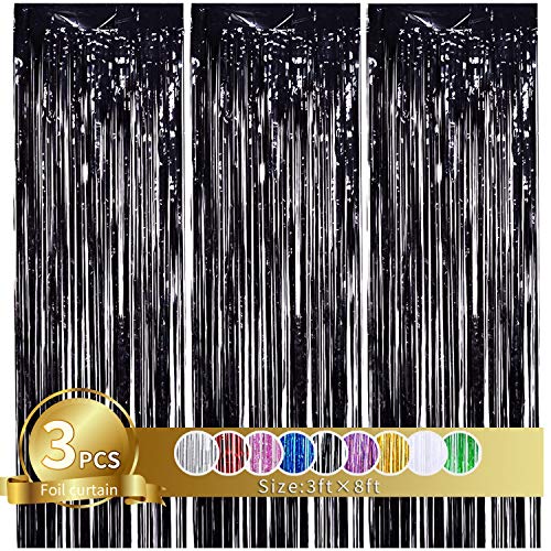 3 Pcs Black Metallic Tinsel Foil Fringe Curtains,3ft x 8ft Black Photo Booth