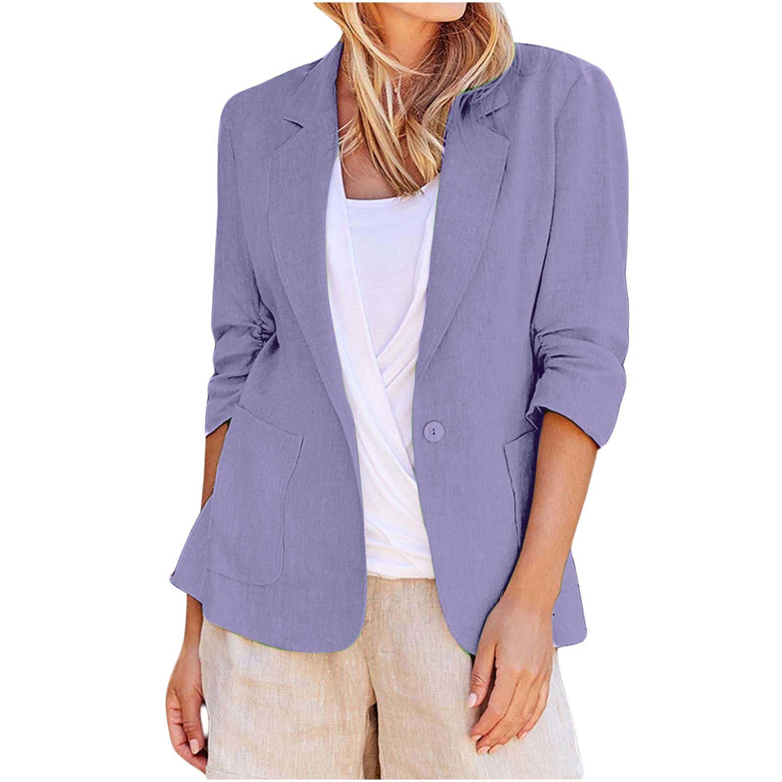 Linen Blazers for Women Lightweight Notch Lapel A Button Ruched 3/4 Sleeve Business Casual Work Suit Jacket
