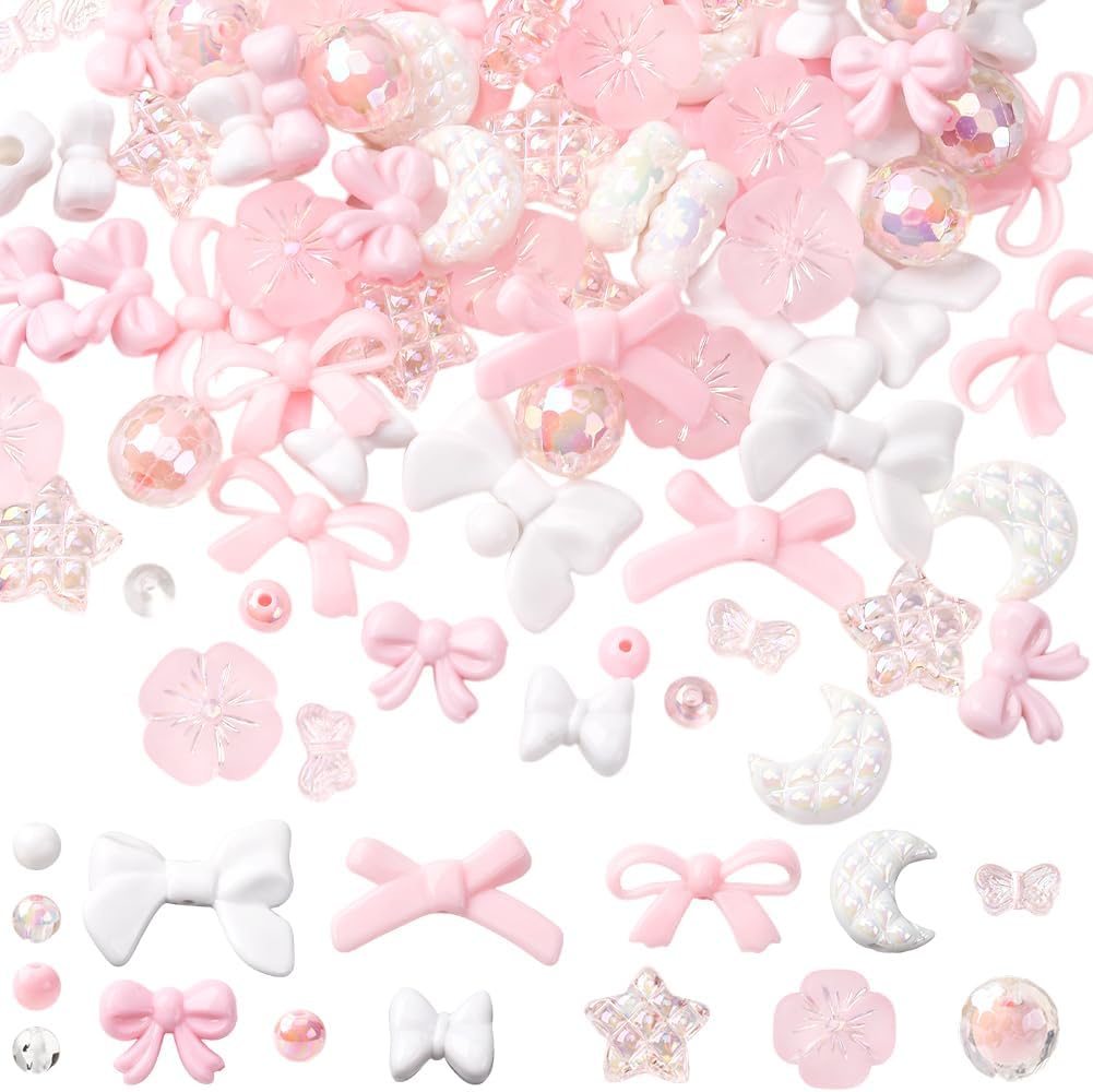 SUNNYCLUE 1 Box 350pcs Bow Bead Kit Pink Coquette Beads Valentine's Day Cute Acrylic White Bow Knot Bowtie Star Moon Round Spacers for Jewelry Making Women Wedding Birthday Bracelets Crafts Supplies
