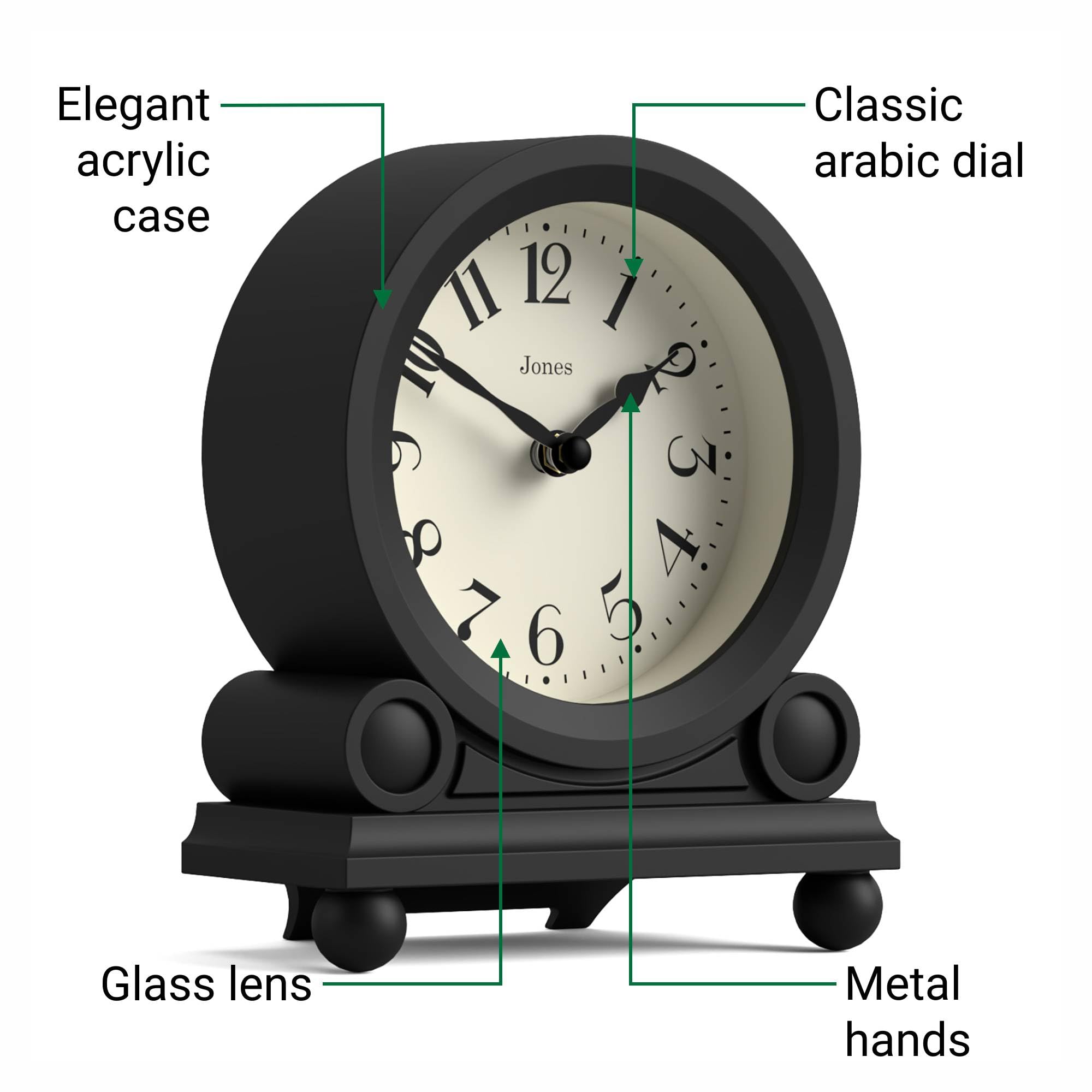 JONES CLOCKS® Maida Vale Reloj de repisa | Reloj de Escritorio Tradicional pequeño | Negro | Bonito y Encantador, Ideal para la repisa, la estantería o la mesilla de Noche
