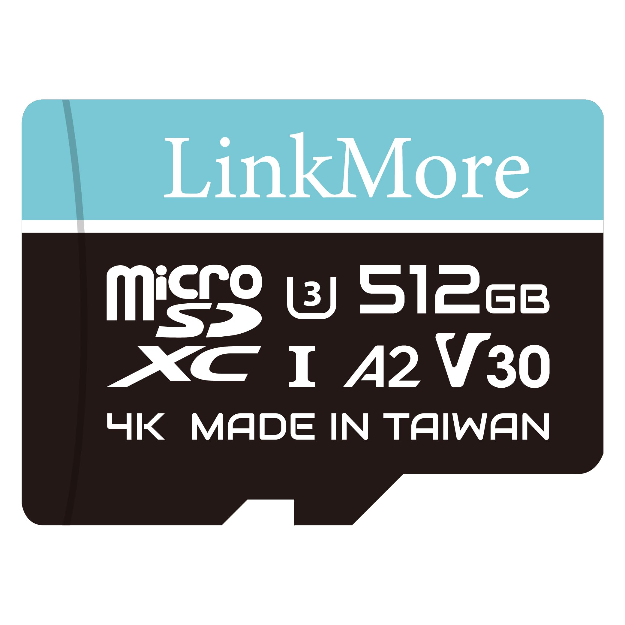 LinkMore Tarjeta Micro SD Lite de 512 GB, A2, UHS-I, U3, V30, compatible con clase 10, lectura secuencial máxima de hasta 100 MB/s, escritura secuencial máxima de hasta 85 MB/s, adaptador SD incluido