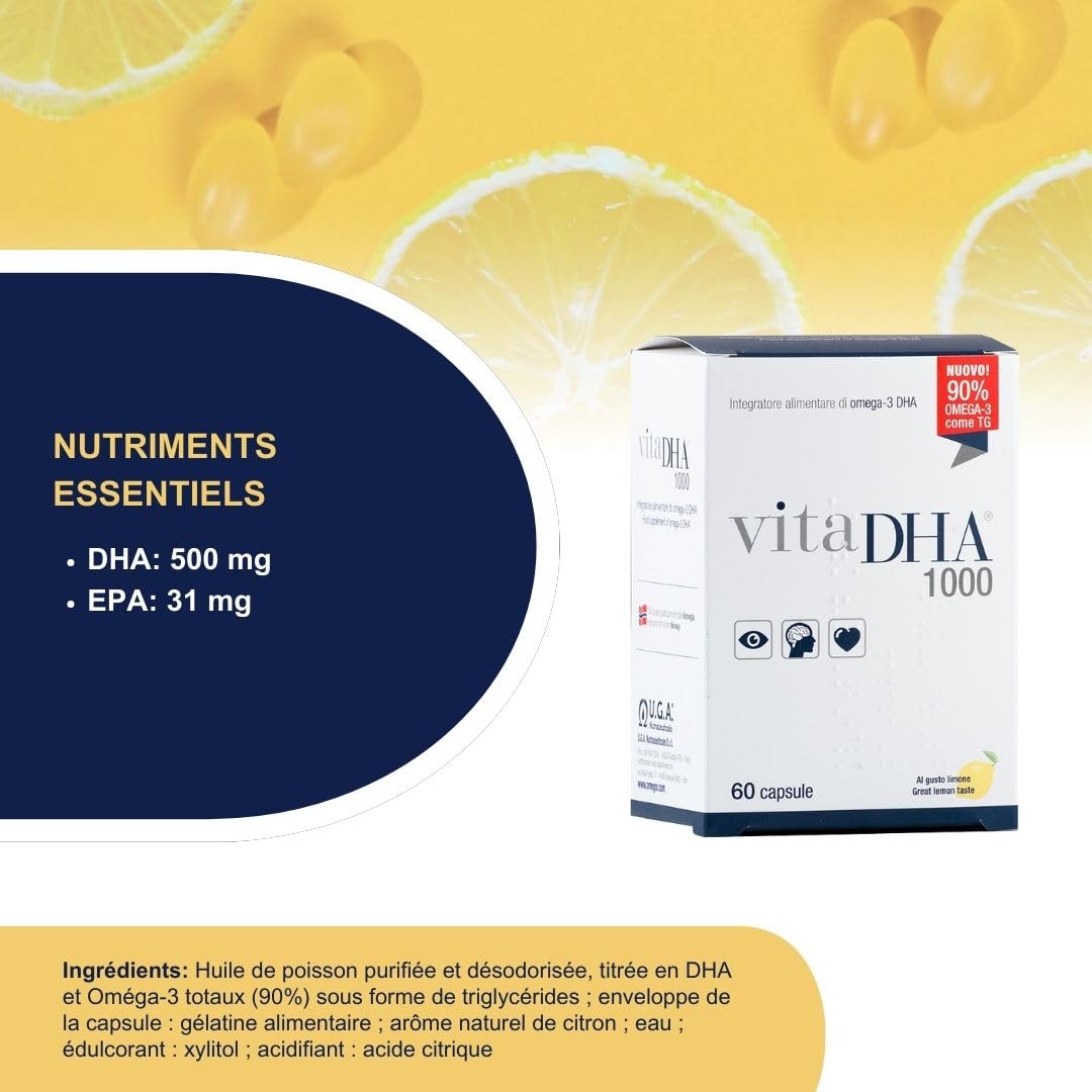 VitaDHA 1000 – Omega -3 Supplément alimentaire DHA - précieux pendant la grossesse et l'allaitement - alliée pour la santé du cerveau, cœur et vision - Saveur de citron - 60 gélules