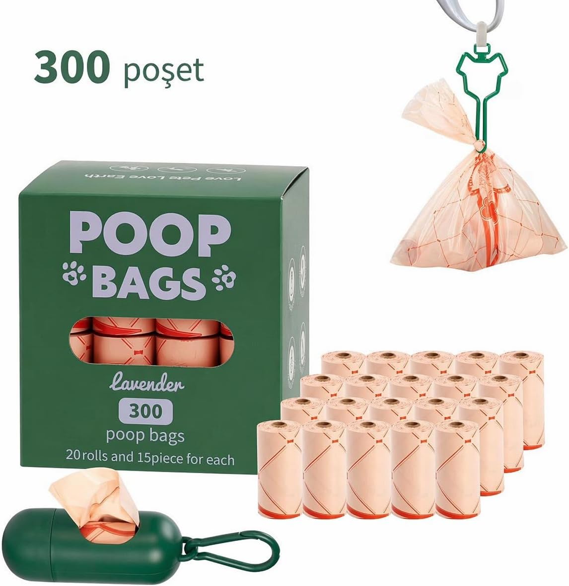 Lavantalı Köpek Dışkı Poşeti – 300 Adet / 20 Rulo, Ekstra Kalın & Dayanıklı, Sızdırmaz, Çevre Dostu (Turuncu)