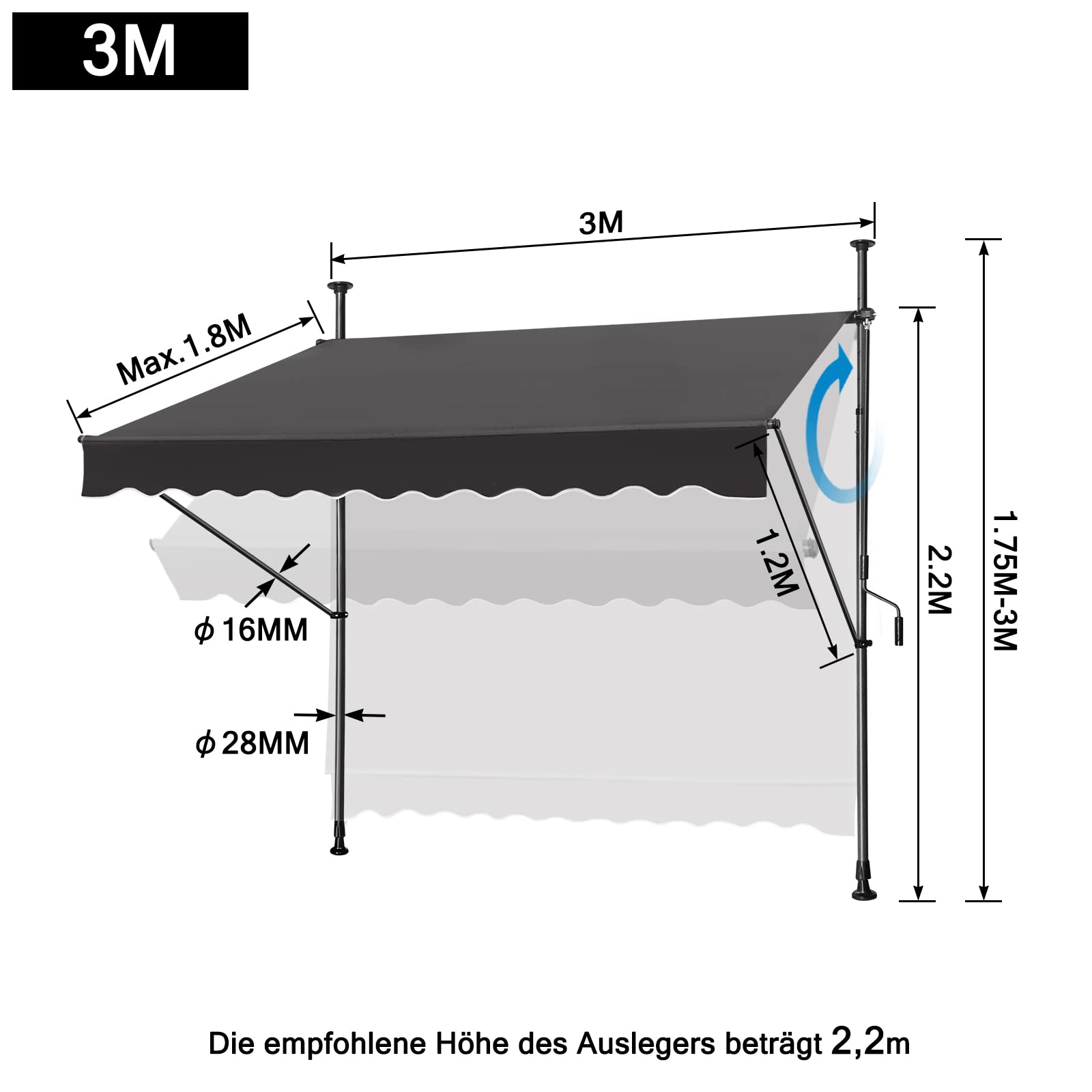 LZQ Markiza zaciskowa na balkon, markiza przeciwsłoneczna, zwijana, ręczna korba ręczna, odporna na działanie promieni UV, ochrona przed słońcem, 100% poliester, do domu, na balkon, do restauracji, kawiarni, ciemnoszara, 300 x 120 cm