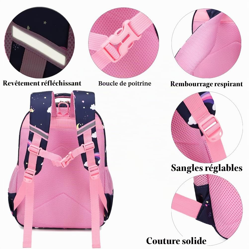 Kimwadalh Cartable Fille Primaire Cartable Licorne Sac à Dos Fille Sac école Sacs à Dos Enfant Filles Sac Scolaire Sets + Isotherme Panier Repas + Trousse