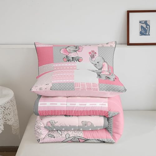 Miniatura 6 de Juego de edredón femenino de elefante tamaño individual, juego de ropa de cama geométrico a cuadros rosa y gris para niños y hombres, juego de