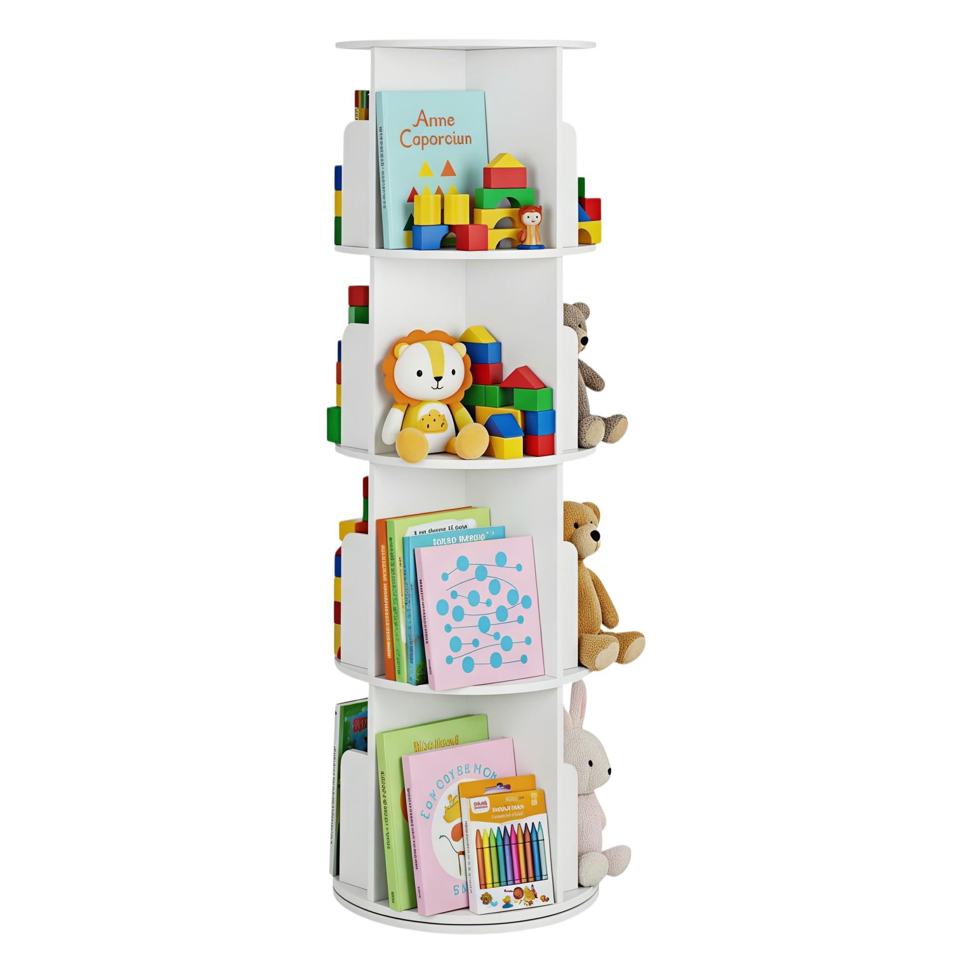 Enfant Bibliothèque Pivotante, 360° Rotative, 4 Niveaux, Étagère à Jouets, Bibliothèque Enfant pour Chambres d'enfants, Bibliotheque Enfant et Salon, Ronde, Blanc