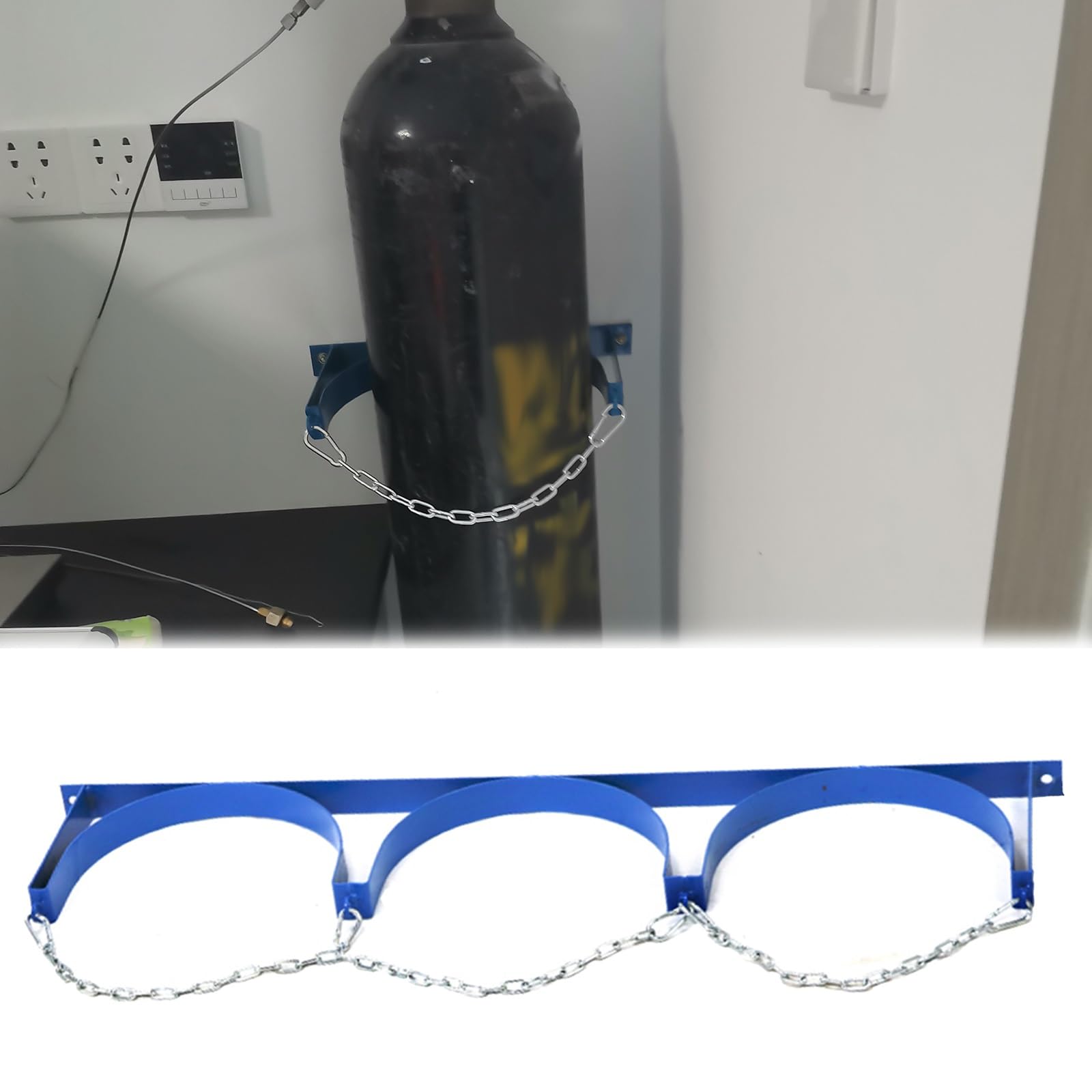 Soporte para bombonas de gas Soporte de pared para cilindro de gas, soporte para tanque de propano, oxígeno y nitrógeno con cadena de seguridad ajustable, estante para transportar gas(3 Bottles)
