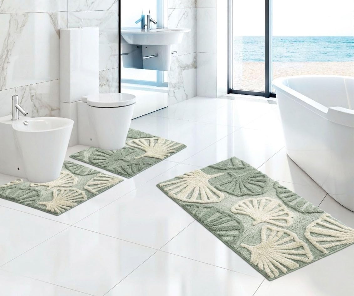 Tapis de salle de bain 3 pièces Giro Water Ginkgo 100 % coton antidérapant vert - Tapis de bain T 60 x 110 cm