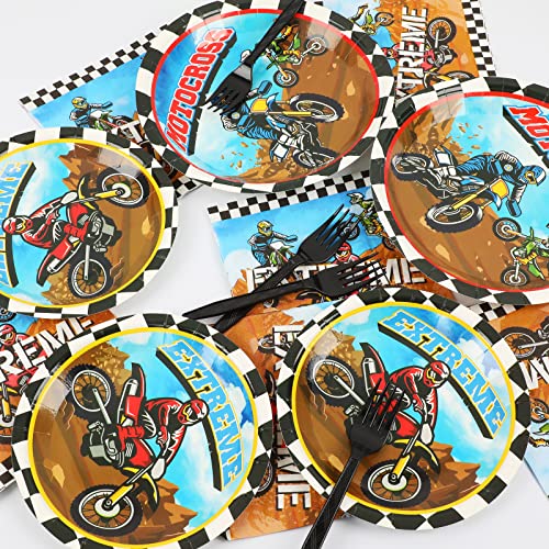 Image of gisgfim 24 Pcs Dirt Bike Paper Plates 7'' Disposable Dirt Bike Birthday Party Supplies Motorcycle Theme Dessert Plates Decorations Motocross Tableware Favor For Boys