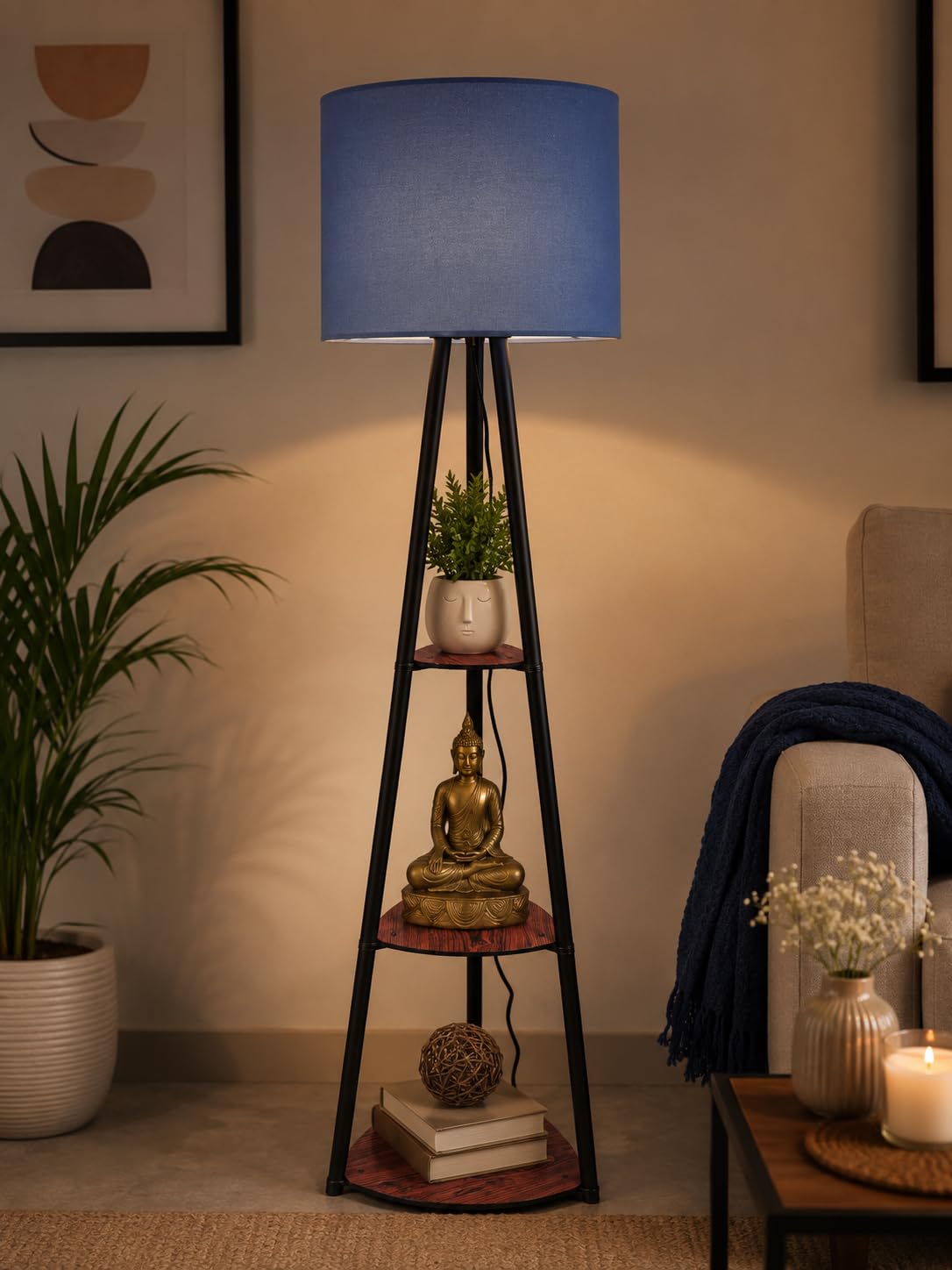 CHRONIKLE 52 Inch Tripod Floor Lamp with Shelves, Modern Corner Lamp with 3 Wooden Display Shelves, Metal Standing Lamp with 12" Fabric Lampshade, E14 Bulb, Storage Shelf Floor Lamp for Decor & Gift-image-33
