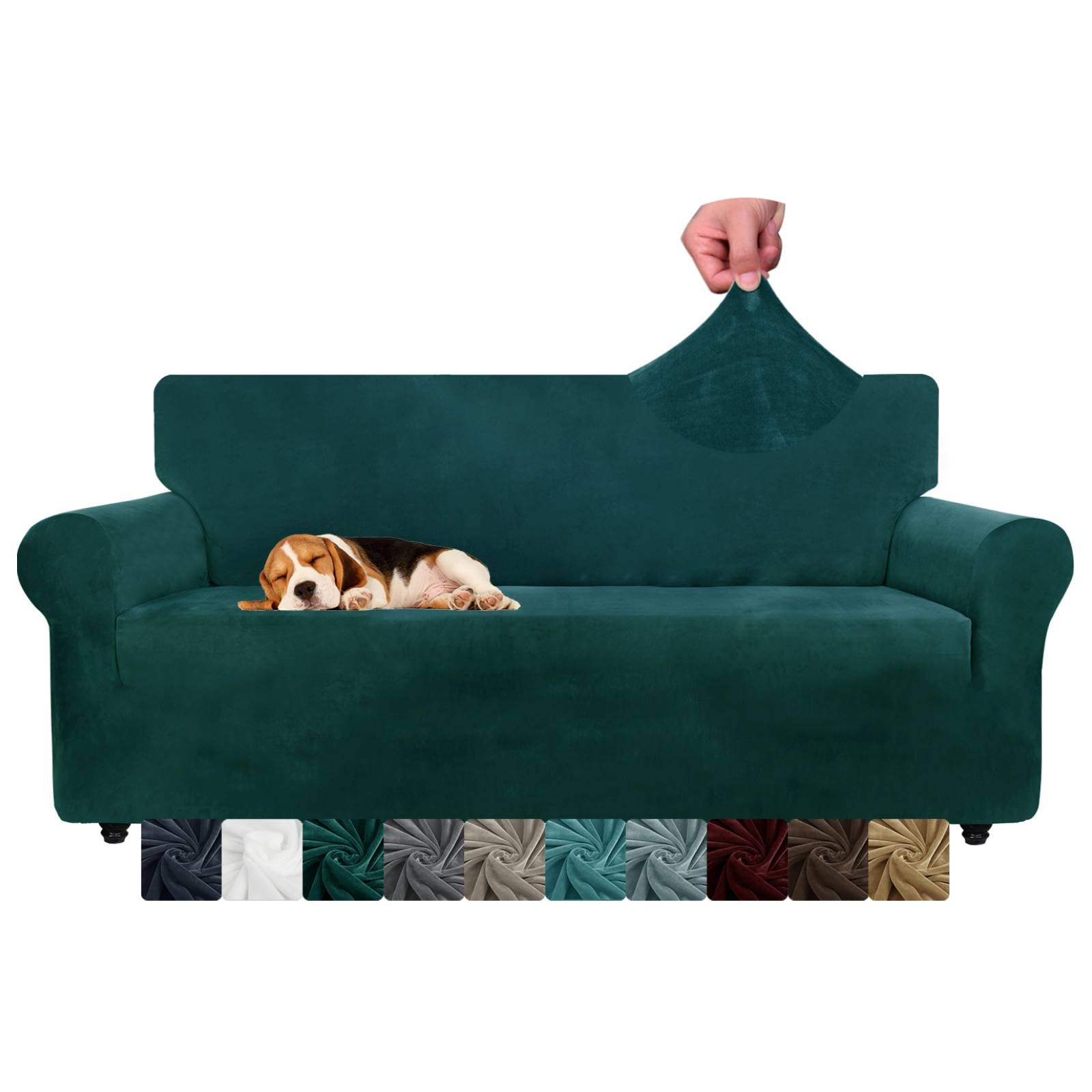 CHELZEN Velvet Couch Covers 3 Seater Thick Stretch Sofa Covers for Dogs Pets Non-Slip Sofa Slipcover Washable Furniture Protector for Living Room (3 Seater, Blackish Green) โ image 1