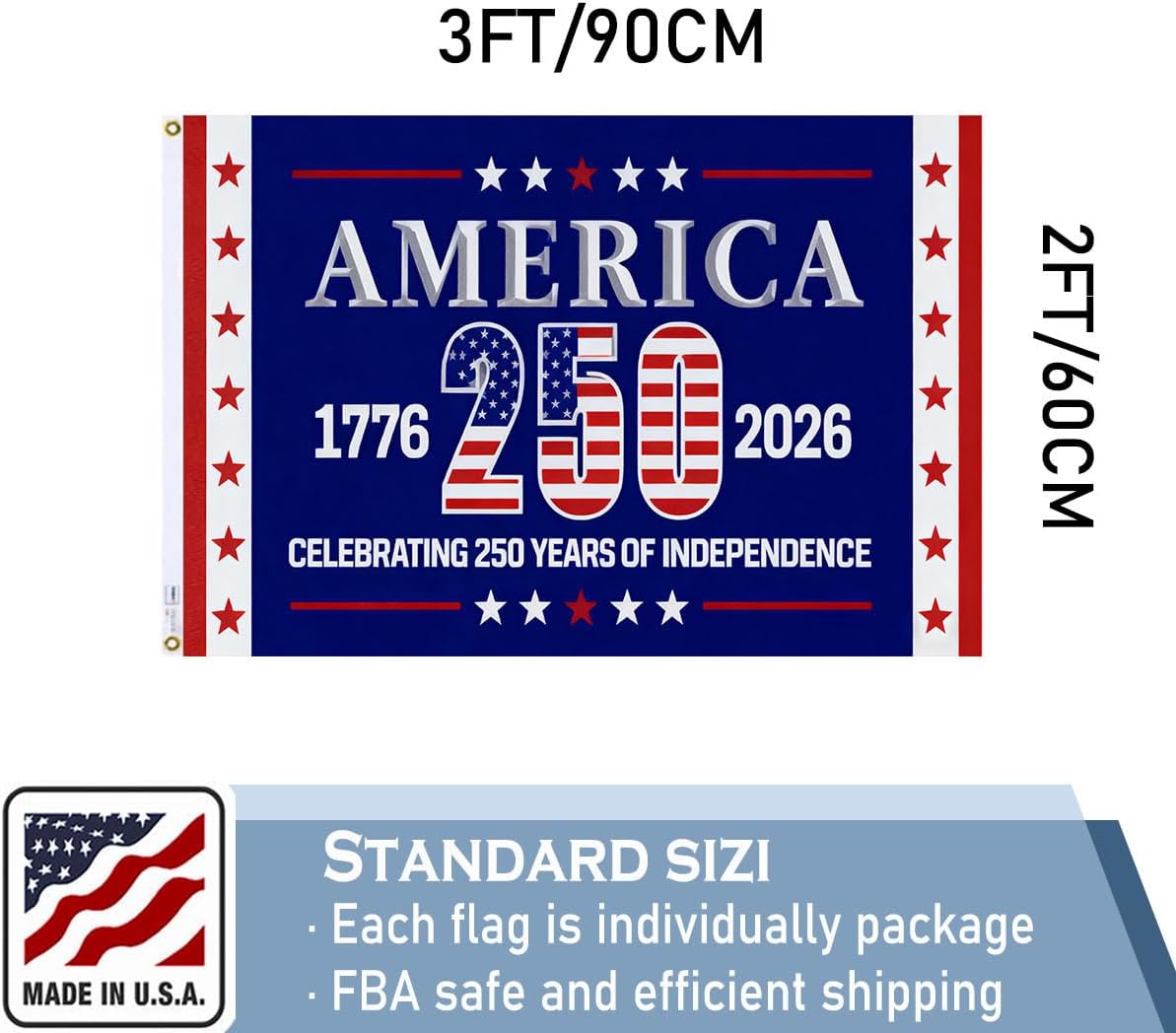 250th Anniversary Flag 2x3 FT Made in The USA Heavy Duty Vibrant Colors Double Sided Blue 1776-2026 250th Birthday Flag with 2 Brass Grommets Independence Celebration Suitable for Indoor and Outdoor Use