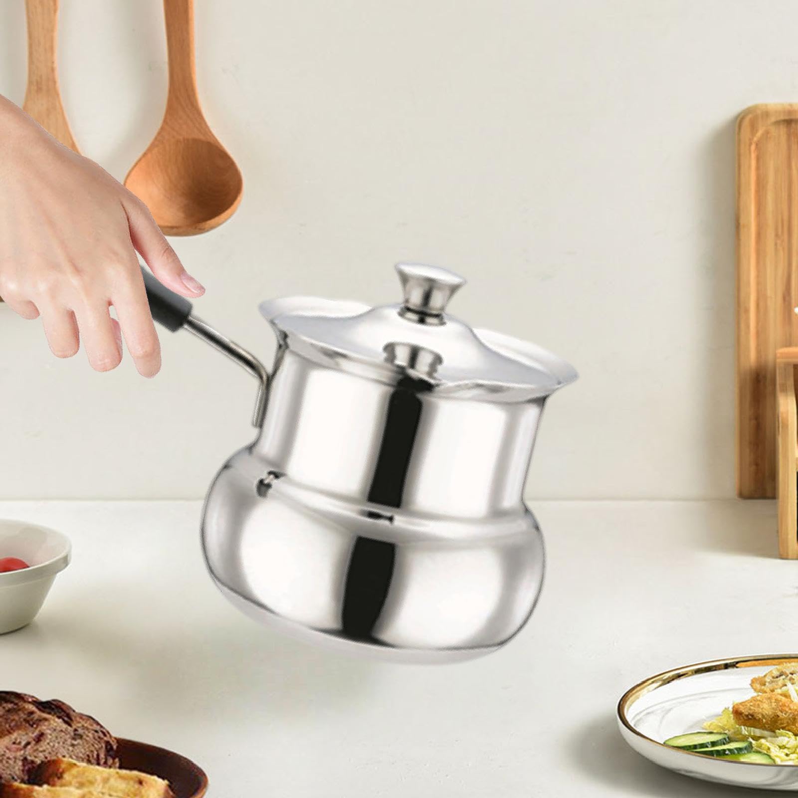 Amagogo Cafetera de Acero Inoxidable, Cafetera Turca, Calentador de Leche, Pequeña Portátil Universal, Sartén para Derretir Chocolate con Mango Cómod, Forma de tambor 720ml, tal como se describe
