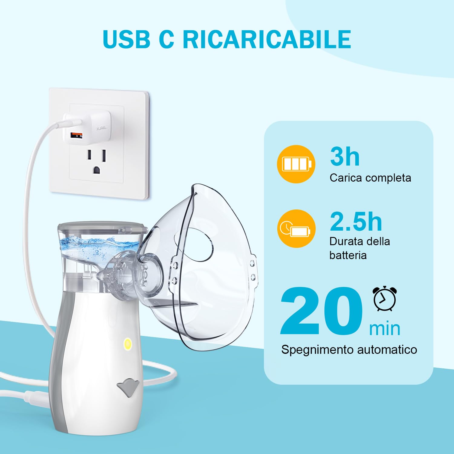 Aerosol Portatile Silenzioso, AU YAT Macchina Aerosol Adulti, USB-C Ricaricabile Aerosol Portatile con 2 Maschere e Boccaglio, 2 Modalità Regolabili, Aerosol Ultrasuoni per Viaggi e Uso Domestico
