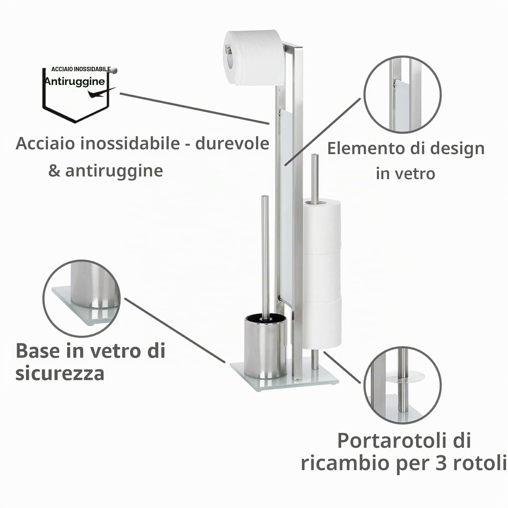 WENKO Piantana portarotolo e scopino WC Rivalta - Portascopino WC, Acciaio inossidabile, 18 x 70 x 23 cm, Opaco