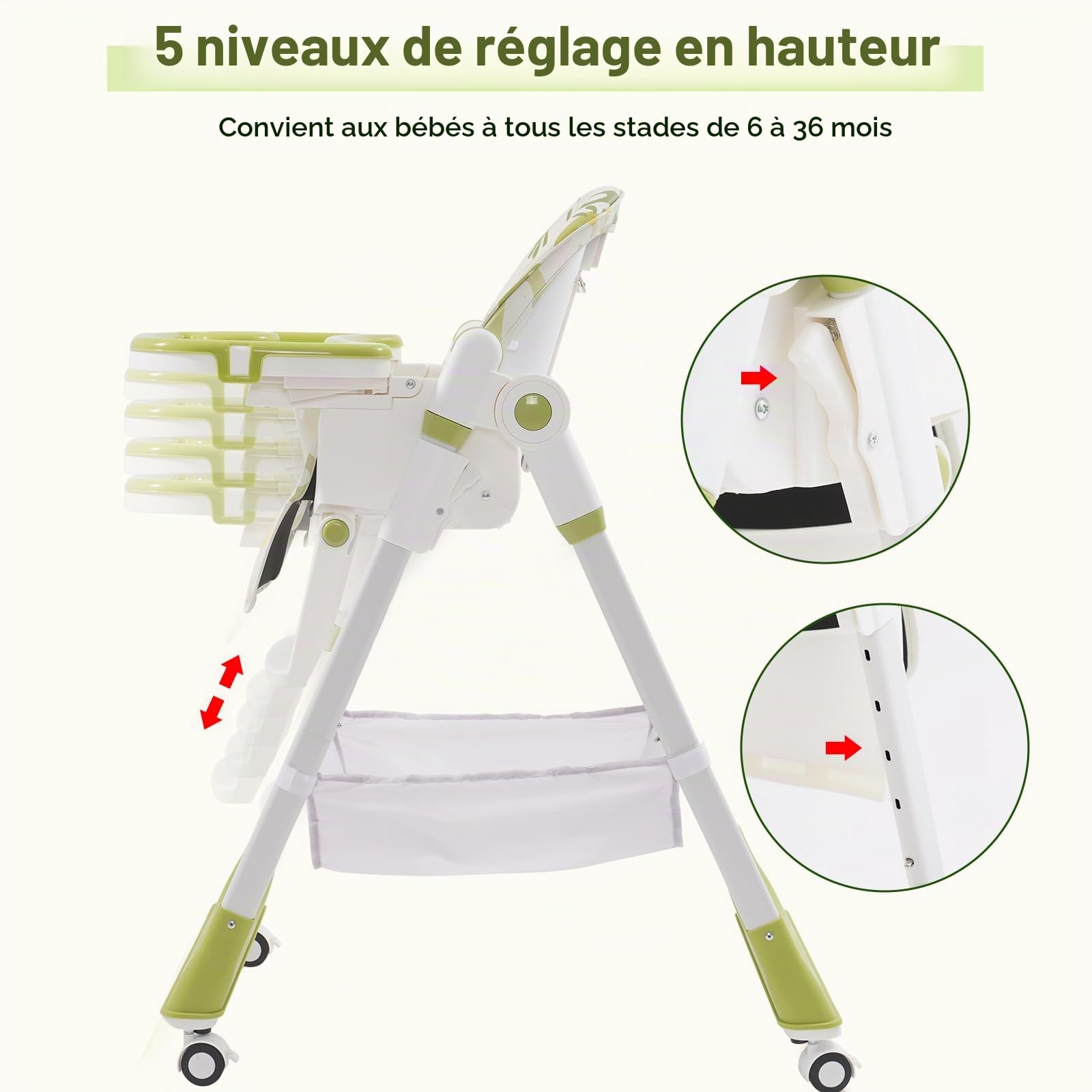 Chaise Haute Bébé Pliable, chaise haute enfant avec repose-pieds, roulettes, hauteur et dossier réglables, chaise haute polyvalente bébé dès la naissance