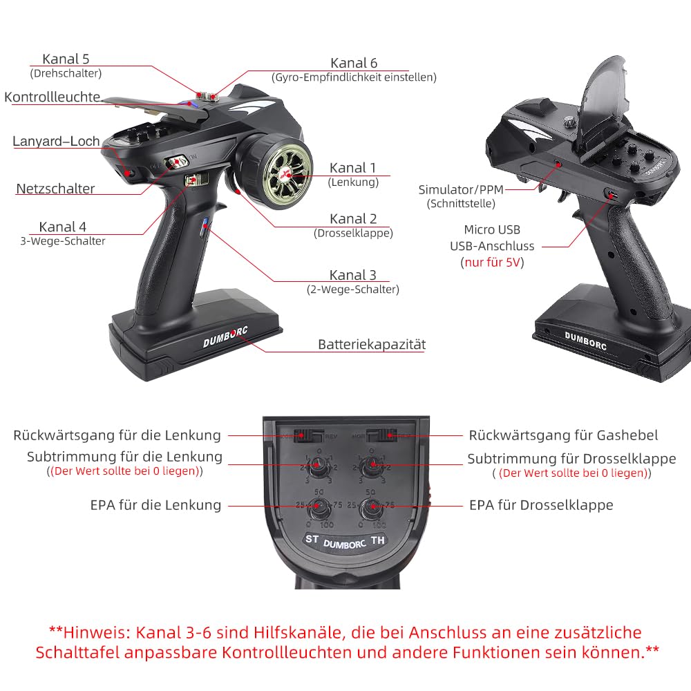ATA HOBBY DUMBORC X6 2,4GHz 6 Kanal RC Funksender und empfänger X6FG | Ausfallsicherung, Niederspannungsalarmfunktion, für RC-Fahrzeuge, Auto, Boot, Panzer, Modellteile, Fernbedienung