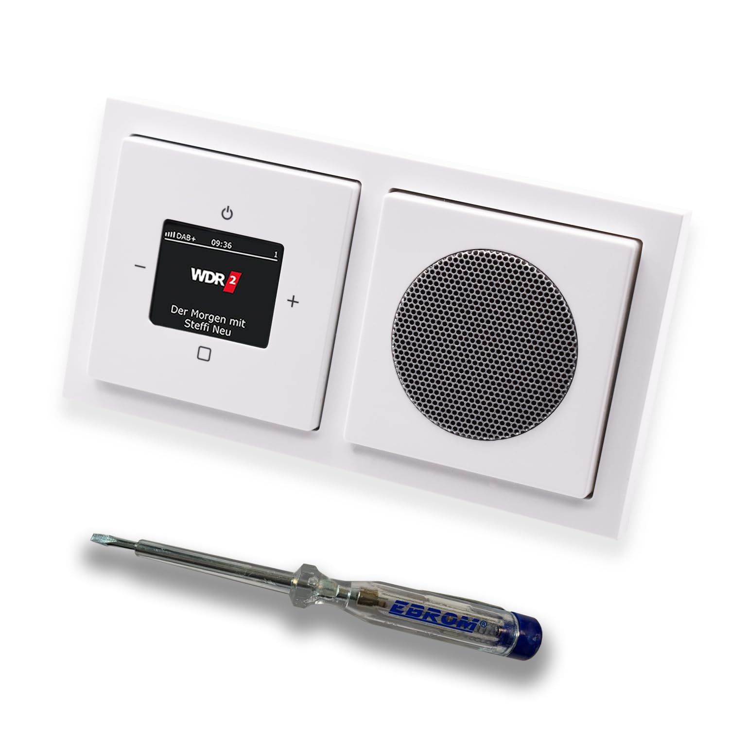 Busch Jäger DAB+ (DAB PLUS) Radio encastrée 8215U-101 Future Linear Studio Blanc Kit complet avec haut-parleur, couvertures, cadre + testeur de phase EBROM pour montage des appareils - 8215 U – 101