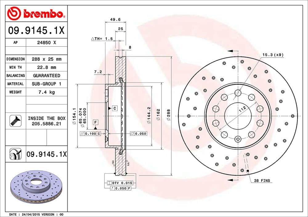Brembo 09.9145.1X Xtra UV Coated vented drilled Front Brake Rotor AUDI/AUDI (FAW)/CUPRA/SEAT/SKODA/SKODA (SVW)/VW/VW (FAW)/VW (SVW) OE# 1K0615301T