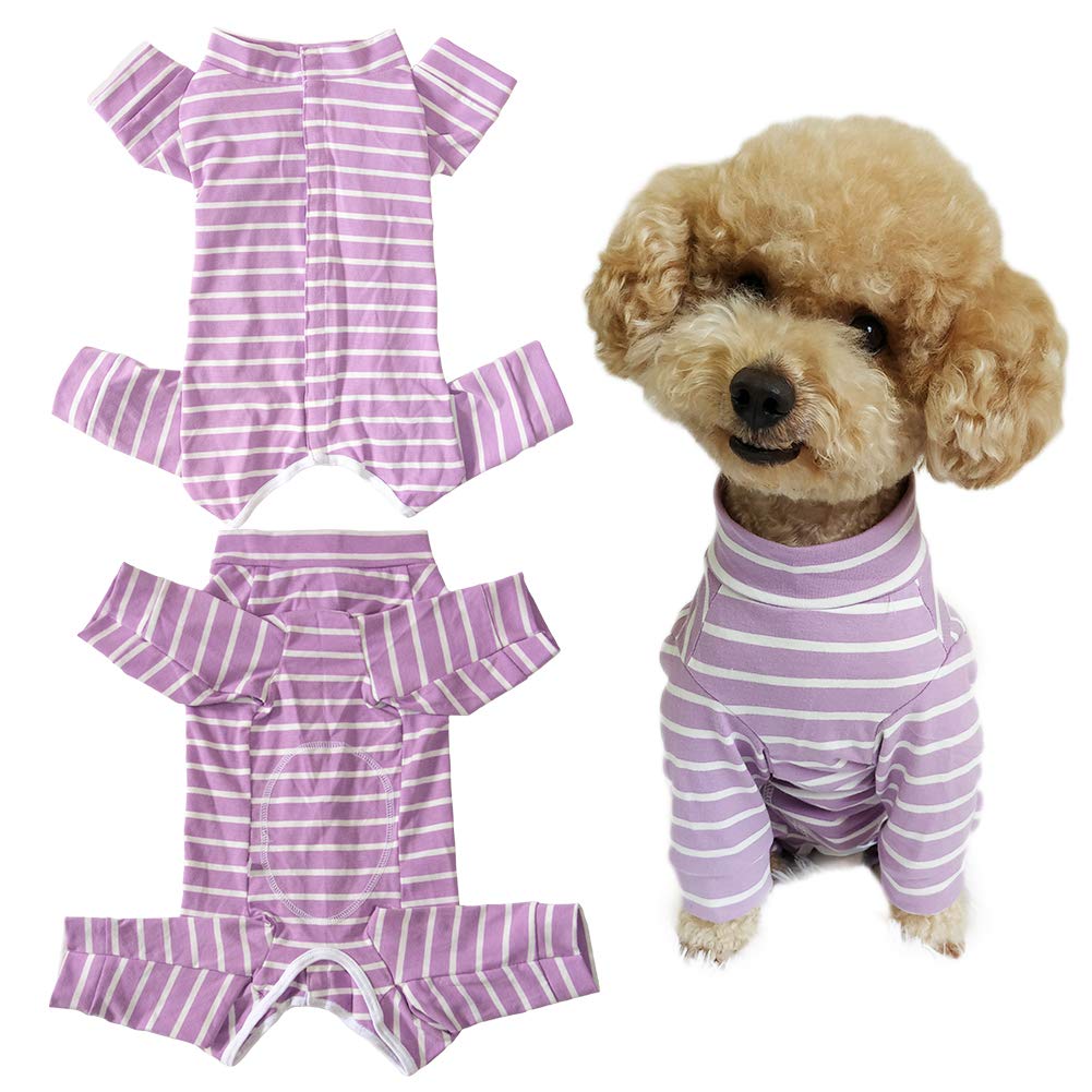 Dog’s Recovery Suit Post Surgery Shirt for Puppy, Full Coverage Dog's Bodysuit Wound Protective Surgical Clothes for Small and Medium Pets (Purple White Stripe-s)