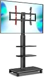 FITUEYES Mobile Floor TV Stand with Swivel Mount for 32-70 Inch Flat/Curved TVs, 3-Shelf Portable Rolling TV Cart with Load Capacity up to 88 lbs,Max VESA 600x400mm(White)