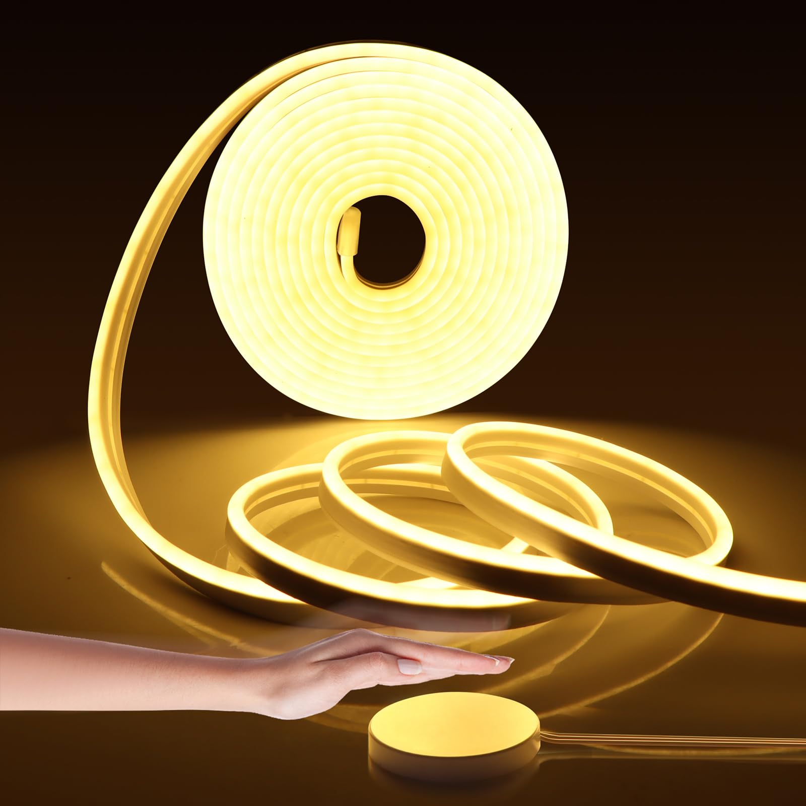 LRGBST 10M Warm White Neon LED Strip, 24V Dimmable Neon LED Strip Light with Hide Touch and Hand Sweep Dimmer Switch for Indoor Wardrobe Acoustic Panel Decoration Lighting