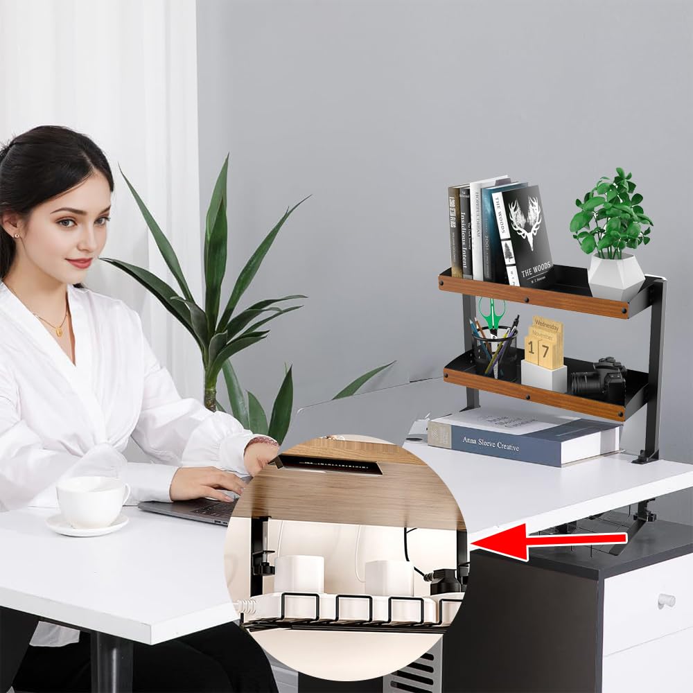 Organisateur de Bureau à Pince avec Plateau de Gestion des Câbles sous Le Bureau, Étagère de Bureau à Pince à 2 Niveaux avec Plateau de Rangement Réglable pour Accessoires de Table