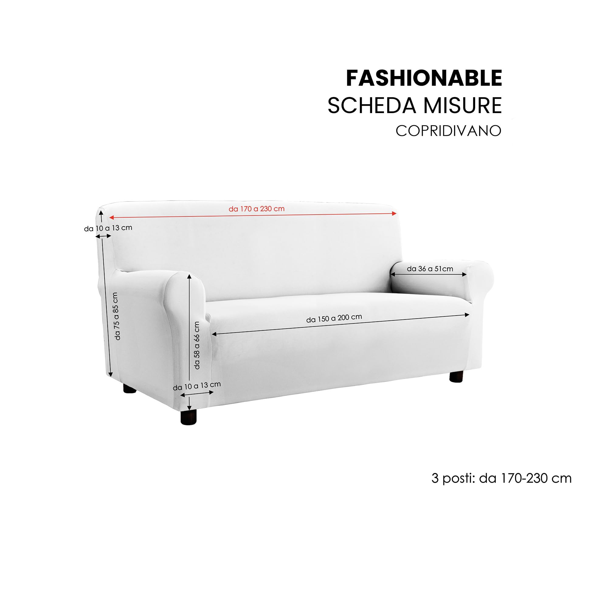 Copridivano FASHIONABLE Estensibile da 170 a 230 cm – Salvadivano Elasticizzato in Poliestere, Cotone ed Elastan, Protezione Divano 3 Posti - PANNA