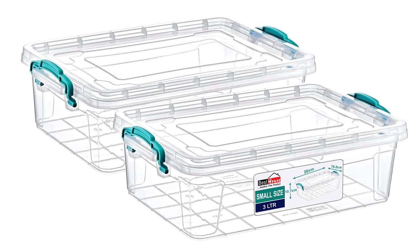 Best House| Small Plastic Storage Box with Clips & Lid | Size 3L (L:26cm W:17cm H:11.5cm)|Set of 2|Rectangle|Stackable Clear Durable Multipurpose Office Home Kitchen Tools (Very SMALL Size)-3 Litres โ image 1