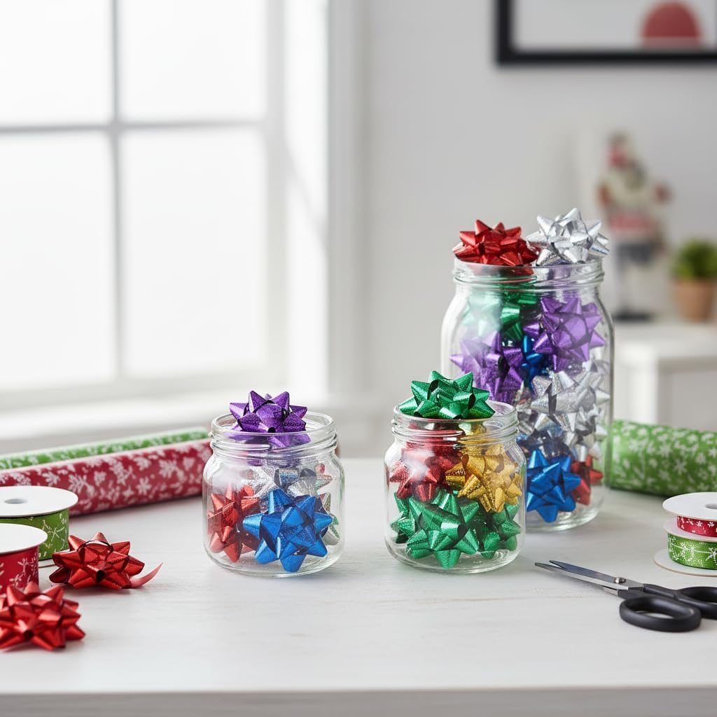 Fansoftiks 50 Pcs Colorful 1 Inch Gift Bows Mini Christmas Bows Metallic Star Bows Party Gifts Wrapping Bows Adhesive Holiday Presents Bows for Valentine's Day, Gift Wrapping Supplies - Image 2