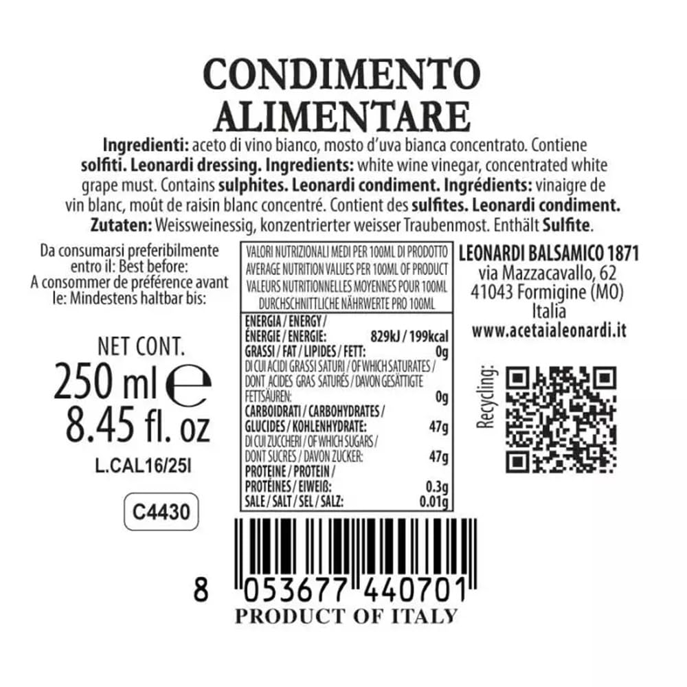 Tris Vinaigre Leonardi: balsamique blanc, balsamique de Modène IGP et Rosé 250 ml x 3