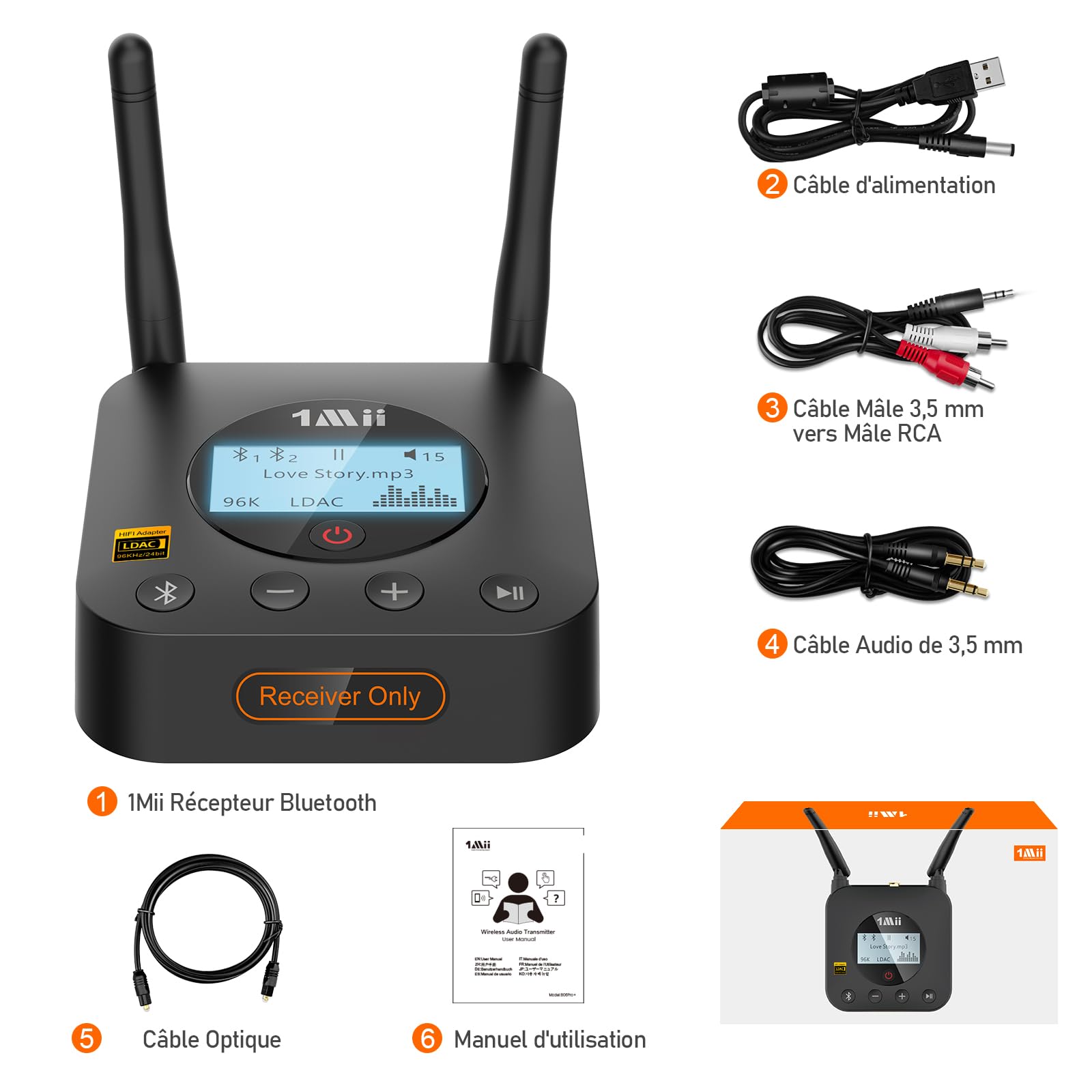 1Mii B06Pro+ Récepteur Audio Bluetooth 5.3 Hi‑FI, pour Chaîne Hi‑FI | Adaptateur sans Fil avec LDAC Hi‑Res, aptX HD Faible Latence, Sorties RCA/Jack 3,5 mm Optique Coaxial, Écran LCD