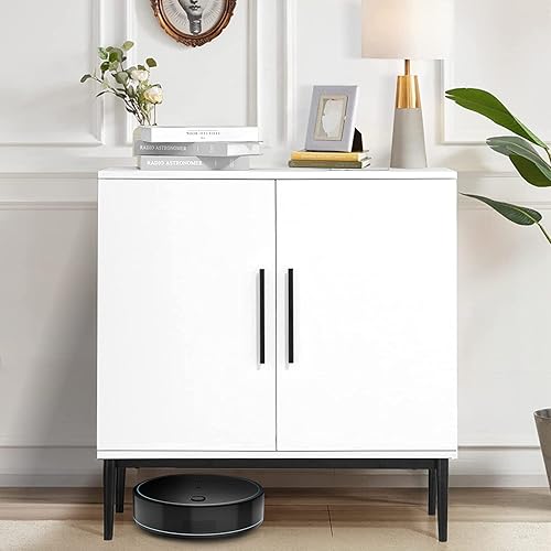 KFO Storage Cabinet with Doors, White Accent Cabinet, Modern Free Standing Cabinet, Sideboard with Metal Base for Bedroom, Living Room, Kitchen and Office