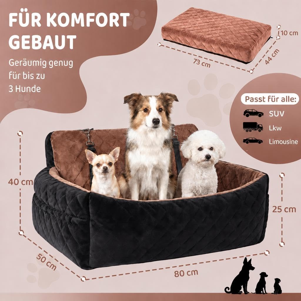 HAUSPROFI Hunde autositz für mittlerer/große Hunde, Schwarz+Braun | Hundesitz für Hunde unter 25Kg oder 2 kleine, Waschbarer hundesitz Auto mit Aufbewahrungstaschen, Ansteckbare Leine