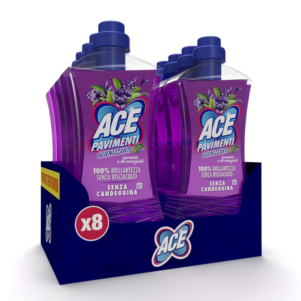 ACE Pavimenti Igienizzante Lavanda ed Oli Essenziali, Senza Candeggina, 8 Flaconi da 1 Litro 1 l (Confezione da 8)