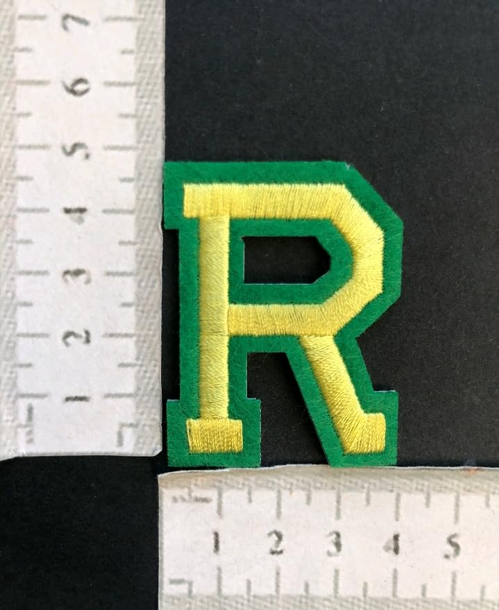 Hobbies and Patch Parche Termoadhesivo Bordado Letras Alfabeto Amarillo Verde Verde (5x4cm) para planchar o coser decoración mochila sudadera delantal estuche niña niño ABC (letra R)