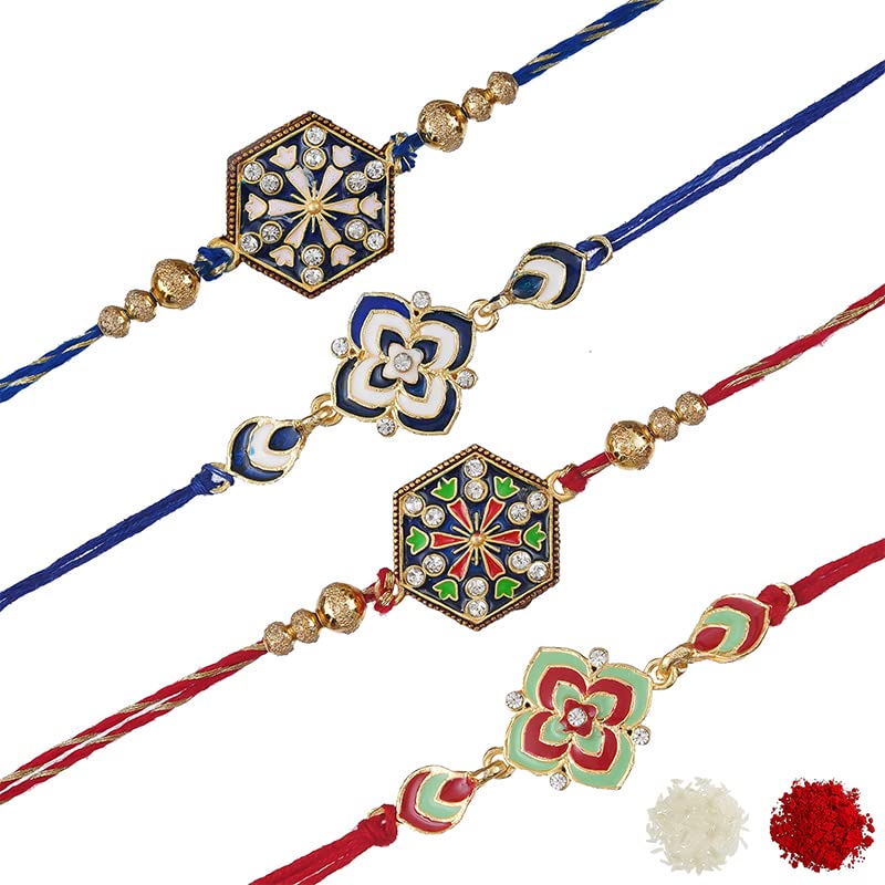 Image of eCraftIndia Set of 4 Rakhi Combo Hamper | Red Golden & White Beads Pearl Diamond Designer Rakhis