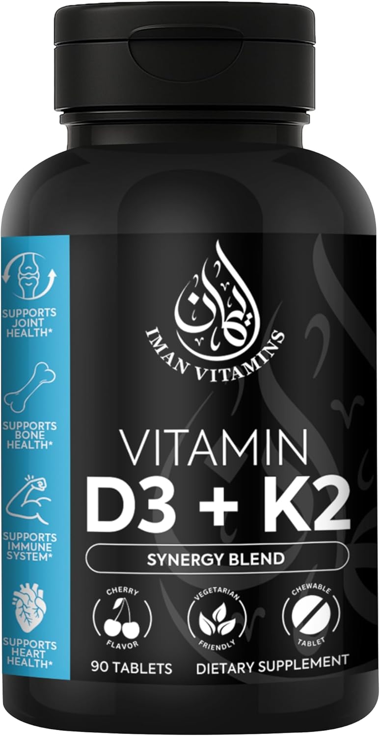 Halal Vitamin D3 with K2 Chewable Tablets - Vitamin D 2000 iu + Menaquinone-7 (MK7) | Supports Heart Health, Bones, and Muscles Health | 90 Count for Men and Women