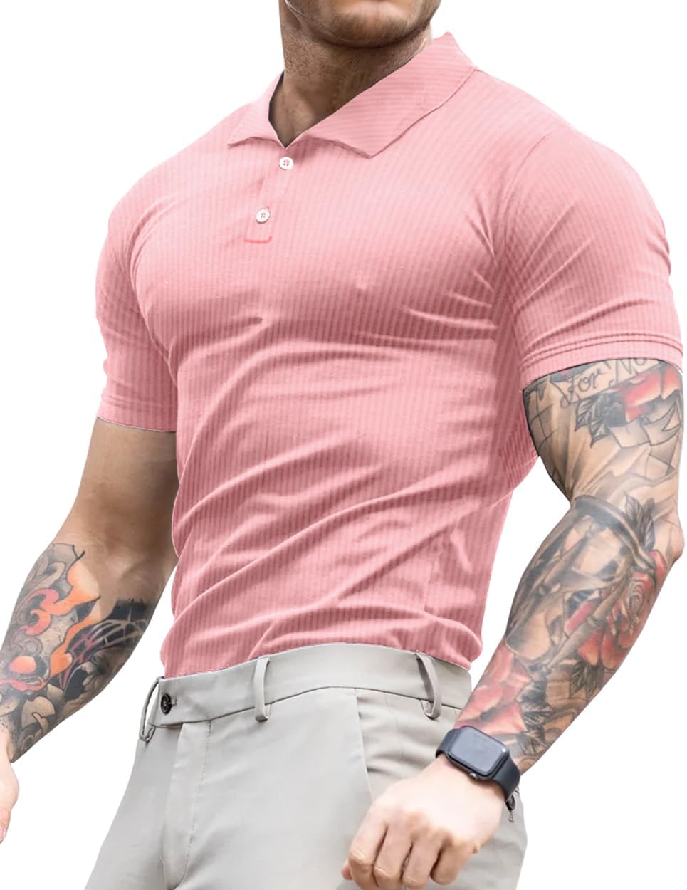 Lehmanlin Men's Muscle Polo Shirts Long&Short Sleeve Casual T- Shirts Slim Fit Stretch Ribbed Golf Tops