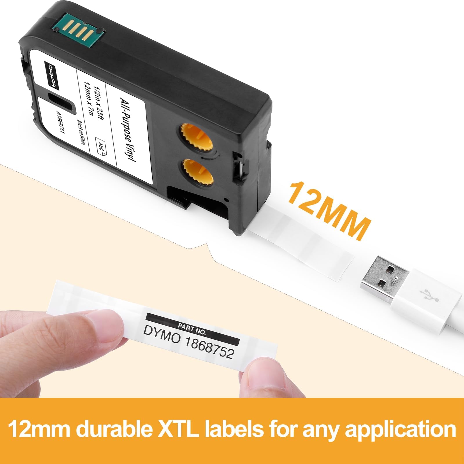 Label KINGDOM Etichette bianche multiuso compatibili con DYMO Label Makers XTL300 XTL500, 1/2" 23'12mm 7m 1868751 Nastro per etichette a trasferimento termico, confezione da 3 1868751
