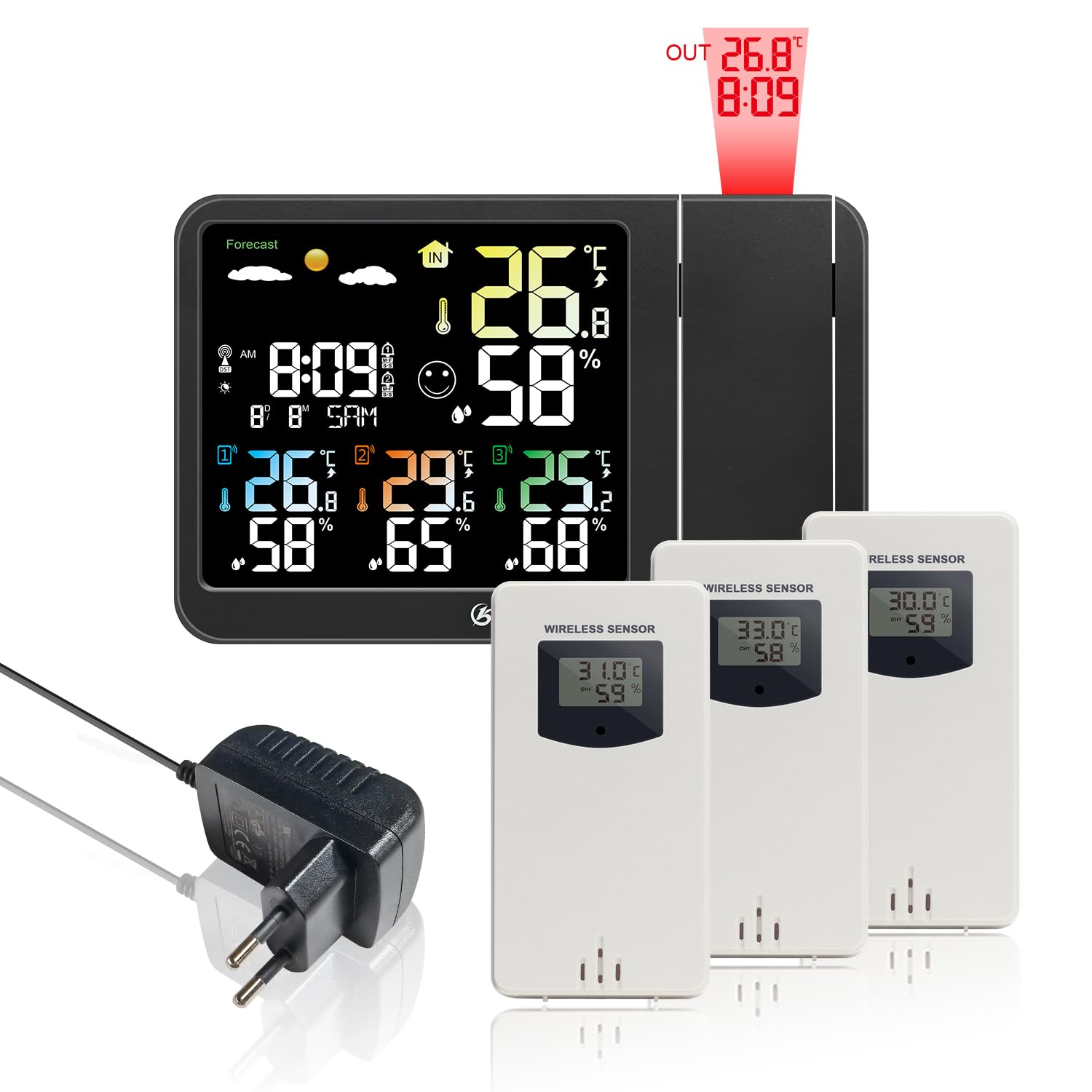 KETOTEK Sveglia Radio Digitale con Proiezione, Stazione Meteo Wireless, Termometro per Interni ed Esterni, Igrometro, Monitoraggio di Temperatura e Umidità, Previsioni Meteo con 3 Sensori Remoti