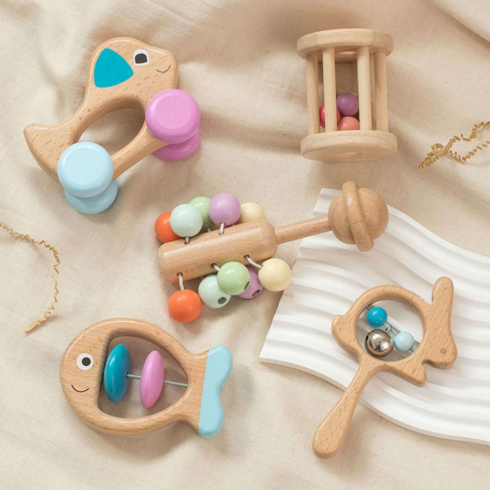 Holz-Babyrassel 5er-Set, sensorisches Handrassel-Spielzeug | Säuglings-Zahnungsspielzeug, Neugeborenen-Sinnesrassel, Baby-Handrassel