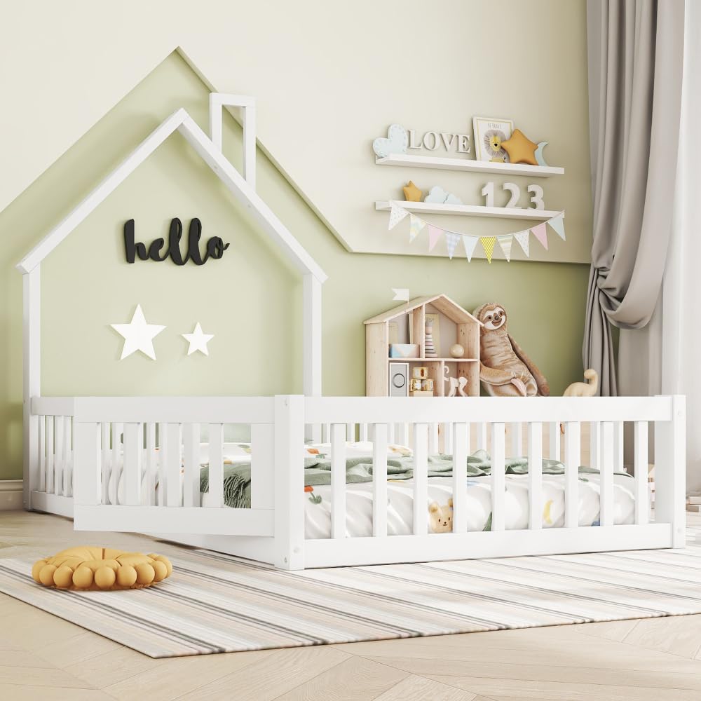 Cama nido para niñas, cama infantil con forma de chimenea, cama con somier (sin colchón), madera de pino, estilo minimalista (blanco, 90 x 200 cm)