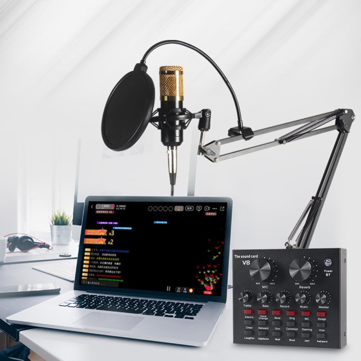 Housoutil Scheda Audio Esterna Professionale Mixer Audio e Effetti, Microfono Condensatore Nero in Metallo Volume Regolabile per Live Streaming e Canto